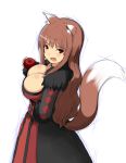  1girl animal_ears apple artist_request big_breasts breasts cosplay fang food fruit highres holo hu_sea koshimizu_ami large_breasts long_hair maou_(maoyuu) maou_(maoyuu)_(cosplay) maoyuu_maou_yuusha open_mouth seiyuu_connection spice_and_wolf tail wolf_ears wolf_tail 