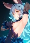  1girl 1girl 1girl animal_ears areola armpits backless_outfit black_gloves blue_hair blue_skirt blush breasts bunny_ears closed_mouth elbow_gloves embarrassed erune_race_(granblue_fantasy) fang fang_out female_only ferry_(granblue_fantasy) gloves granblue_fantasy hair_between_eyes hair_ornament high_resolution kerasu long_hair looking_at_viewer medium_breasts nipples no_bra one_arm_up paid_reward presenting sideboob simple_background skirt smile upper_body very_high_resolution wavy_hair x_hair_ornament 