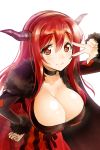  1girl blush breasts choker cleavage demon_girl dress hand_on_hip high_res highres horns huge_breasts long_hair looking_at_viewer maou_(maoyuu) maoyuu_maou_yuusha okitakung red_eyes red_hair simple_background smile solo v v_over_eye white_background 