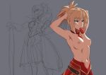  1girl 1girl 1girl armor armpits bare_shoulders blonde breasts cowboy_shot detached_collar eyebrows_visible_through_hair eyes_visible_through_hair fate/apocrypha fate_(series) green_eyes grey_background hair_between_eyes medium_breasts medium_hair mikoyan mordred_(fate) navel nipples simple_background sketch skirt sleeveless standing stomach 