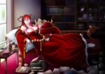  1girl bangle bare_shoulders belt bookshelf bracelet breasts buntaichou cleavage corset dagger demon_girl detached_sleeves dress fake_horns hairband high_res highres horns huge_breasts inkwell jewelry long_hair maou_(maoyuu) maoyuu_maou_yuusha messy pantyhose photo_(object) pillow quill reading recliner reclining red_dress red_eyes red_hair smile solo weapon white_legwear yuusha_(maoyuu) 