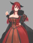  1girl absurd_res absurdres belly_grab breasts cape choker cleavage demon_girl dress hairband high_res highres horns huge_breasts maou_(maoyuu) maoyuu_maou_yuusha marimo_maru red_eyes red_hair solo tummy_grab vertical_stripes weight_conscious 