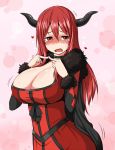  1girl blush breasts cleavage demon_girl dress embarrassed fingers_together horns huge_breasts long_hair maou_(maoyuu) maoyuu_maou_yuusha md5_mismatch nervous open_mouth red_eyes red_hair solo sweat sweatdrop tears trembling zaxwu 