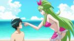 1boy beach big_breasts bikini bow breasts flick gif green_hair ixion_saga mariandale sarong swimsuit trap