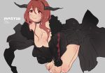  1girl all_fours bad_id bare_legs big_breasts breasts character_name choker cleavage copyright_name demon_horns fake_horns grey_background hands_on_knees hands_on_own_knees hanging_breasts horns large_breasts light_smile long_hair looking_up maou_(maoyuu) maoyuu_maou_yuusha pincorosium red_eyes red_hair solo title_drop 