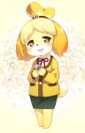 1girl :3 animal_crossing animal_crossing_new_leaf animal_ears bell blonde_hair blush brown_eyes canid canine canine_humanoid dog doubutsu_no_mori flower furry hair_bell hair_tie holding isabelle_(animal_crossing) jingle_bell kito_(sorahate) mammal nintendo paws ponytail ribbon secretary shih_tzu shizue_(doubutsu_no_mori) smile solo standing tail thick_ass thick_legs thick_thighs topknot uniform yellow_fur