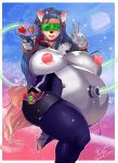  2012 belly big_breasts black_nose blue_hair breasts clothed clothing eyewear female glasses gloves gun hair heart high_heels inflation lips long_hair looking_at_viewer orange_fur overweight quickdraw ranged_weapon smile solo space thick_thighs thighs tight_clothing weapon 