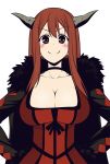  blush breasts choker cleavage coat collarbone hands_on_hips horns large_breasts long_hair looking_at_viewer maou_(maoyuu) maoyuu_maou_yuusha miyashiro_sousuke red_eyes red_hair simple_background smile solo white_background 