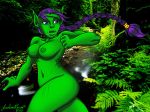  2010 blue_eyes breasts female jungle long_hair monster nipples nude orc pointy_ears ponytail purple_hair scar solo 