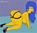  all_fours ass blue_hair erect_nipples hanging_breasts high_heels huge_breasts marge_simpson pearls rocner the_simpsons thighs yellow_skin 