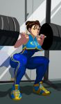1girl breasts brown_hair capcom chun-li double_bun exercise morgan_mundie morganagod muscle shoes sneakers solo squatting street_fighter street_fighter_zero thick_thighs thighs weights