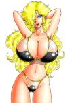1girl armpits arms_up bikini blonde_hair blue_eyes breasts cameltoe cleavage hair_over_one_eye huge_breasts lipstick long_hair makeup milf navel original simple_background solo standing swimsuit titisky wavy_hair white_background