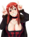  1girl big_breasts breasts bust choker cleavage fur_trim grin head_tilt horns_pose large_breasts long_hair looking_at_viewer maou_(maoyuu) maoyuu_maou_yuusha nathaniel_pennel pennel red_eyes red_hair smile solo upper_body 