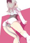  1girl all_fours animal_ears ass blush capelet female from_behind grey_hair grey_panties ishikkoro looking_back mouse_ears mouse_tail nazrin panties red_eyes short_hair solo tail touhou underwear white_legwear 