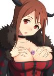 1girl :o big_breasts breast_grab breasts brown_hair bust choker cleavage collarbone grabbing hashi head_tilt horns large_breasts looking_at_viewer maou_(maoyuu) maoyuu_maou_yuusha open_mouth red_eyes short_hair simple_background solo tattoo tattooed_breast upper_body white_background 