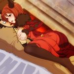 1girl big_breasts black_legwear blush body_pillow breast_hold breasts breasts_outside dakimakura_(object) dress female_only fur_trim high_res horns long_hair maou_(maoyuu) maoyuu_maou_yuusha pantyhose pillow red_eyes red_hair saliva self_fondle solo_female tam2 tongue tongue_out
