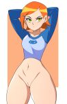  1girl 1girl abysswatchers arms_behind_head arms_up bare_thighs ben_10 blue_clothing blue_shirt bottomless cartoon_network female_only green_eyes gwen_tennyson hourglass_figure navel pussy shirt short_hair short_orange_hair small_breasts thick thick_thighs wide_hips 