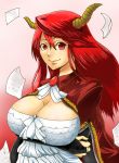  1girl breast_hold breasts bridal_gauntlets cape cleavage cleavage_cutout crossed_arms demon_girl gem horns huge_breasts long_hair maou_(maoyuu) maoyuu_maou_yuusha paper red_eyes red_hair smile solo souren 