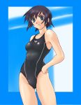  bad_id black_hair blue_eyes competition_swimsuit copyright_request hand_on_hip hips kusemono one-piece_swimsuit short_hair swimsuit 