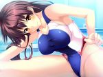  1girl blush breasts brown_hair cameltoe competition_swimsuit game_cg huge_breasts long_hair looking_at_viewer marushin marushin_(denwa0214) one-piece_swimsuit orange_eyes pool shinohara_katsumi sitting smile solo supokon!_sports_wear_complex swimsuit swimsuit_pull water 