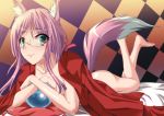 1girl animal_ears barefoot blush crystal_ball fox_ears fox_tail glasses green_eyes legs_up long_hair lying on_stomach purple_hair solo tail tomabechi 