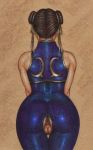 1girl anus ass back bare_shoulders bodysuit brown_hair capcom chun-li crotchless crotchless_clothes double_bun edithemad from_behind no_panties pussy solo street_fighter thigh_gap uncensored 