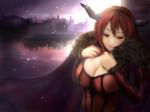  1girl argyle breasts cape cleavage hairband high_res horns huge_breasts maou_(maoyuu) maoyuu_maou_yuusha red_eyes red_hair solo town zhang_xiao_bo 