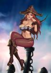  1girl :3 anchor bare_shoulders big_breasts boots breasts brown_eyes brown_hair candy candy_cane cleavage crossed_legs hat high_heels high_res highres instant-ip instant_ip knee_boots large_breasts league_of_legends legs legs_crossed long_hair navel pirate_hat sarah_fortune shoes sitting solo sunlight thighs 
