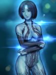 1girl backlighting blue_eyes blue_hair blue_skin bodysuit breasts cleavage contrapposto cortana cowboy_shot crossed_arms halo_(game) hdfm high_res highres hologram short_hair solo standing