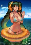 1girl big_breasts bikini blue_bikini breasts cleavage green_eyes green_hair hair_ribbon high_res highres innertube instant-ip instant_ip instantip large_breasts league_of_legends long_hair micro_bikini navel ribbon shiny shiny_skin smile solo sona_buvelle strap_gap swimsuit thigh_gap thighs twin_tails twintails very_long_hair water wet