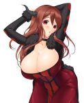  1girl :o arms_up blush breasts brown_hair bust choker cleavage demon_girl demon_horns dress fur_trim horns huge_breasts long_hair looking_at_viewer maou_(maoyuu) maoyuu_maou_yuusha nakano_sora pose posing red_eyes simple_background solo upper_body white_background 