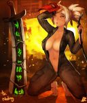  1girl :o barefoot big_breasts blowtorch bodysuit breasts brown_eyes cleavage feet full-length_zipper furnace high_res highres instant-ip instant_ip jumpsuit kneel kneeling large_breasts league_of_legends navel revision riven_(league_of_legends) short_hair solo sweat sword tan tiptoes unzipped weapon welding_mask white_hair wiping_brow wiping_forehead zipper 