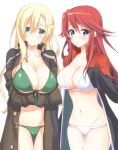  2girls aty aty_(summon_night) bad_id bikini blonde_hair blue_eyes blush breast_hold breasts cleavage coat crossed_arms esu_(ss_jj) green_bikini green_eyes hair half_updo huge_breasts large_breasts long_hair looking_at_viewer mint_(summon_night) multiple_girls navel open_mouth red_hair smile standing summon_night summon_night_3 swimsuit white_bikini white_swimsuit 