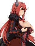 1girl big_breasts blush breasts bust cleavage demon_girl demon_horns dress erect_nipples fur_trim high_res horns huge_breasts long_hair maou_(maoyuu) maoyuu_maou_yuusha open_mouth parted_lips profile red_eyes red_hair simple_background solo umakatsuhai very_long_hair white_background 