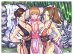  alluring bamboo breasts brown_eyes brown_hair capcom chun-li cleavage crossover dead_or_alive dress fatal_fury female_abs itsjustsuppi kasumi kasumi_(doa) large_breasts long_hair multiple_girls ponytail serious shiranui_mai smile snk street_fighter tecmo water waterfall 