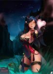  1boy 2girls ahri animal_ears annie_hastur bare_shoulders big_breasts black_hair blowing_kiss breasts cleavage facial_mark fox_ears fox_tail hair heart high_res instant-ip league_of_legends long_hair multiple_girls night parted_lips tail teemo thighs water when_you_see_it yellow_eyes 