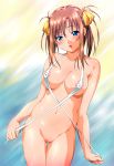  1girl areola areola_slip blue_eyes blush bottomless breasts brown_hair criss-cross_halter erect_nipples hair_ribbon high_res navel open_mouth pussy ribbon sayika sling_bikini solo sweat swimsuit twin_tails uncensored 