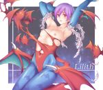  1girl armpits arms_up bangs bat bat_print bat_wings blue_legwear blush boots breasts breasts_outside bridal_gauntlets character_name covered_navel demon_girl elbow_gloves feathers from_side gloves hair_between_eyes hand_behind_head head_wings high_heel_boots high_heels high_res highleg highleg_leotard highres kneeling leotard light_particles lilith_aensland looking_at_viewer low_wings nipples pantyhose print_legwear purple_hair red_eyes shiny shiny_clothes short_hair small_breasts smile solo succubus taut_clothes torn_clothes toshi vampire_(game) wings 