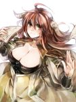  1girl ahoge allenkung1 blush bookmark breasts brown_eyes brown_hair bustier cleavage demon_girl dress happy horns huge_breasts long_hair looking_at_viewer maou_(maoyuu) maoyuu_maou_yuusha notes simple_background smile solo white_background 