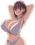  1girl armpits arms_up belly bikini blush breasts cleavage erect_nipples hair huge_breasts jewelry kloah midriff navel necklace nipples purple_eyes purple_hair short_hair simple_background solo striped swimsuit white_background 