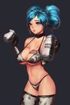  1girl belly big_breasts bikini blue_eyes blue_hair body_writing breasts cleavage collar cow_print cup elbow_gloves gloves hair highres instant-ip instant_ip jug large_breasts league_of_legends midriff milk milk_can milk_churn navel parted_lips revision skindentation solo sona_buvelle stockings strap_gap sweat swimsuit tattoo thighhighs twin_tails twintails underboob 