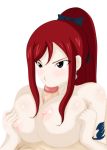  1girl blush brown_eyes earrings erza_scarlet fairy_tail fellatio high_res jewelry juudai oral paizuri penis ponytail red_hair simple_background tattoo white_background 