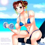 beach big_breasts chun-li elee0228 hairbun looking_at_viewer missnips muscular_female smiling street_fighter working_out