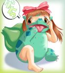  afraid bow brown_hair bulbasaur claws ears edmol female full_body gradient gradient_background hair nail_polish nintendo plant pokemon pokemon_mystery_dungeon solo text tongue transformation translated video_game video_games white_background 