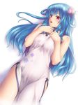  1girl alternate_costume blue_hair blush china_dress chinese_clothes dress female food fruit hair_ornament hands_on_own_chest hinanawi_tenshi long_hair looking_at_viewer mochi.f open_mouth peach red_eyes simple_background solo touhou white_background 