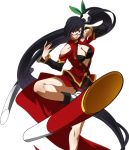  1girl arc_system_works bare_shoulders black_hair blazblue blazblue:_calamity_trigger breasts center_opening china_dress chinese_clothes cleavage dress fighting_stance glasses hair_ornament lao_jiu large_breasts leg_lift leg_up legs lips litchi_faye_ling long_hair official_art panda ponytail simple_background solo staff standing_on_one_leg thighs transparent_background very_long_hair 