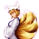  1girl blonde_hair fox_tail hands_in_sleeves hat high_res multiple_tails nikonikosiro short_hair simple_background smile solo tabard tail touhou white_background yakumo_ran yellow_eyes 