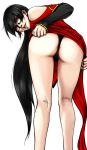  1girl arc_system_works ass bare_shoulders bent_over black_hair black_panties blazblue blazblue:_calamity_trigger china_dress chinese_clothes detached_sleeves dress from_behind glasses hair_down legs litchi_faye_ling long_hair nosuto panties red_eyes semi-rimless_glasses underwear 