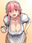  1girl :d barmaid big_breasts blush breasts cleavage corset dirndl down_blouse downblouse german_clothes hand_on_hip hanging_breasts headphones huge_breasts large_breasts leaning_forward long_hair nitroplus oktoberfest open_mouth pink_eyes pink_hair rozenweapon smile solo super_sonico traditional_clothes tsuda_nanafushi 