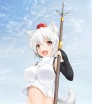  1girl :d animal_ears bare_shoulders blush breasts elbow_gloves gloves hat holding impossible_clothes inubashiri_momiji nikonikosiro open_mouth polearm red_eyes sky smile solo spear tokin_hat touhou weapon white_hair wolf_ears 
